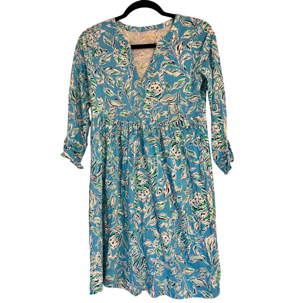 Lilly Pulitzer XS Dress‎ Blue Green Floral Print 3/4 Sleeve V Neck Casual